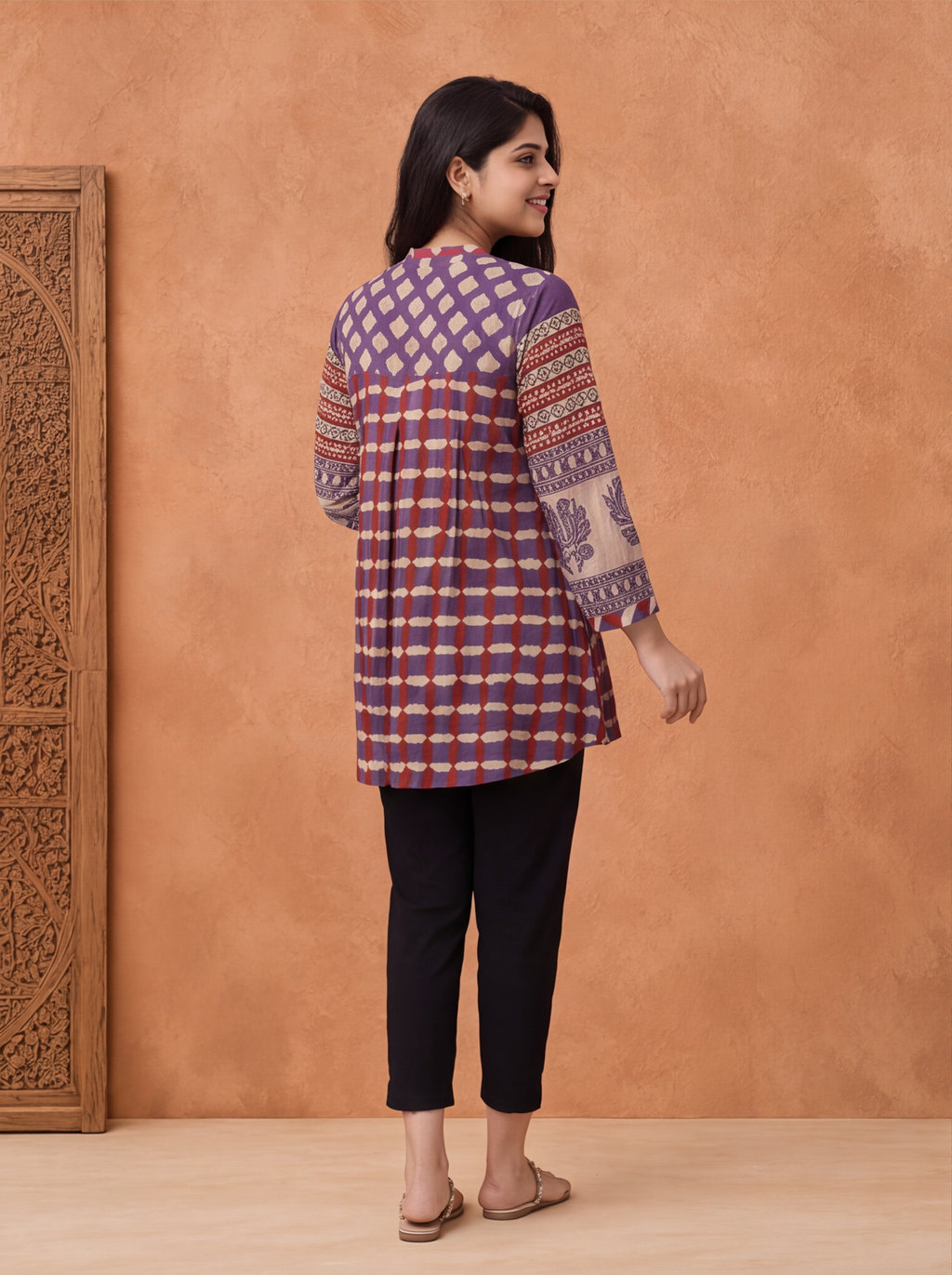 Purple and Biege Mul Chanderi Geometric Printed Women Shirt