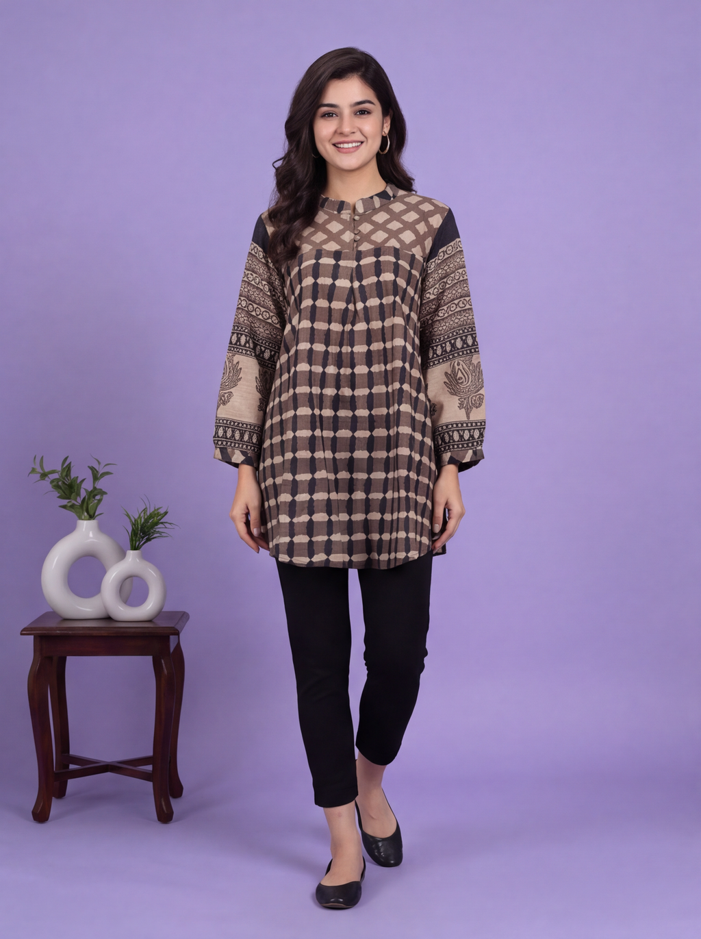 Brown and Biege Mul Chanderi Geometric Printed Women Shirt
