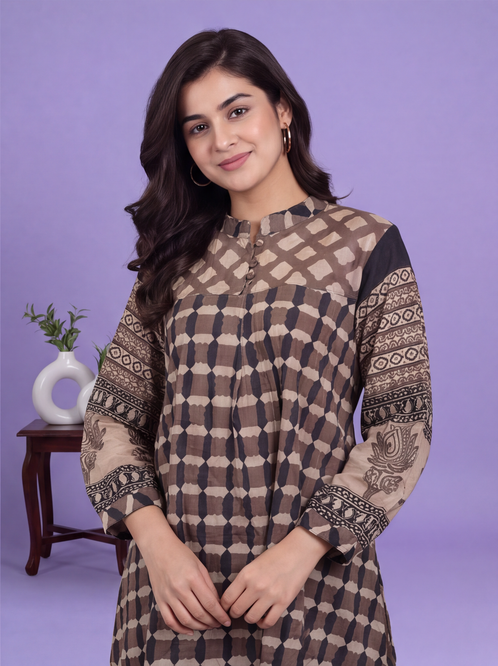 Brown and Biege Mul Chanderi Geometric Printed Women Shirt