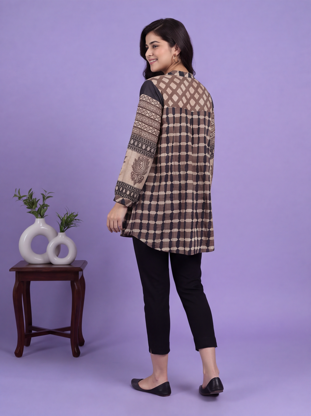 Brown and Biege Mul Chanderi Geometric Printed Women Shirt
