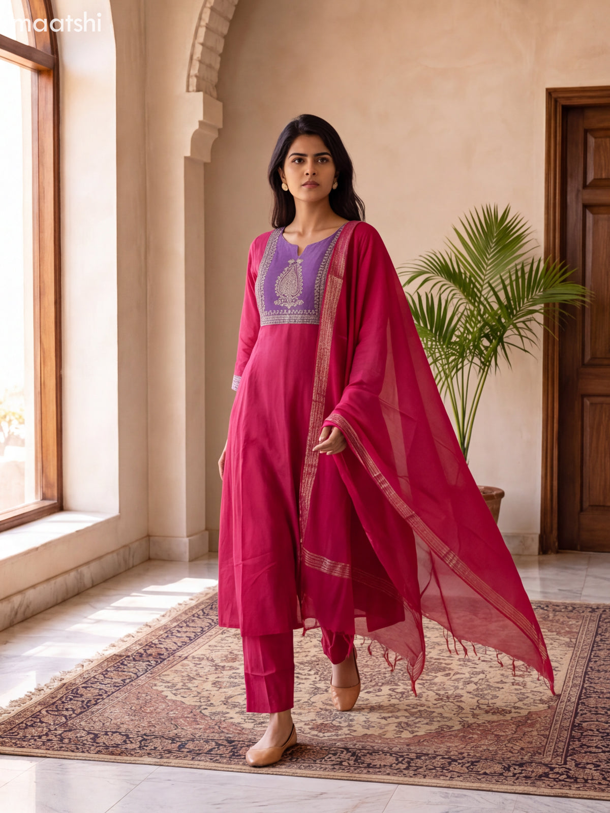 Dark Pink and Violet Mul Chanderi Sequin & Embroidery Work Anarkali Suit