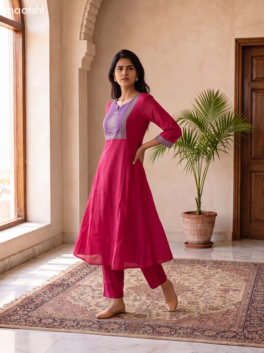 Dark Pink and Violet Mul Chanderi Sequin & Embroidery Work Anarkali Suit