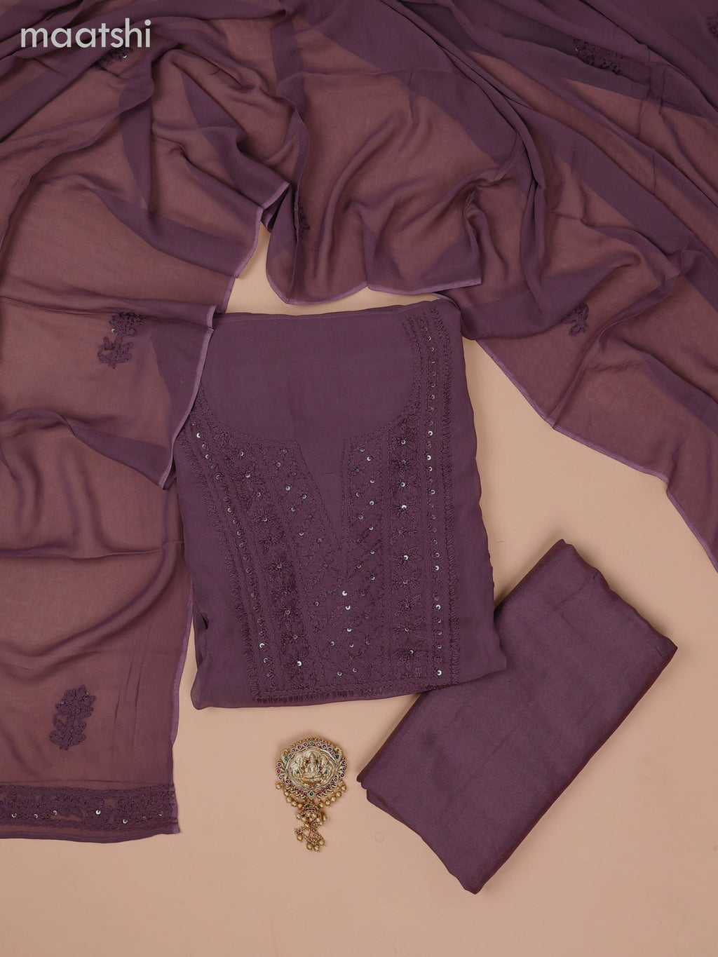 Georgette dress material dark brown with sequin & embroidery work neck pattern and bottom & dupatta