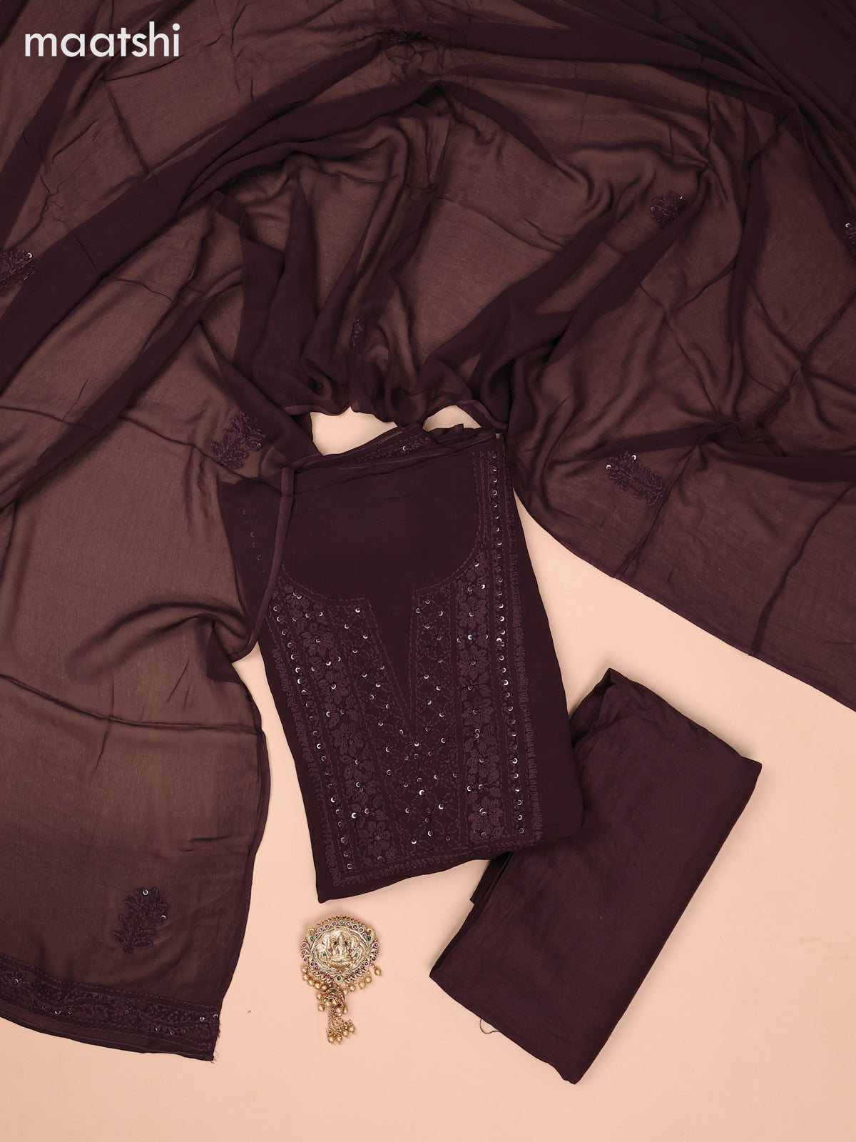 Georgette dress material dark coffee brown with sequin & embroidery work neck pattern and bottom & dupatta