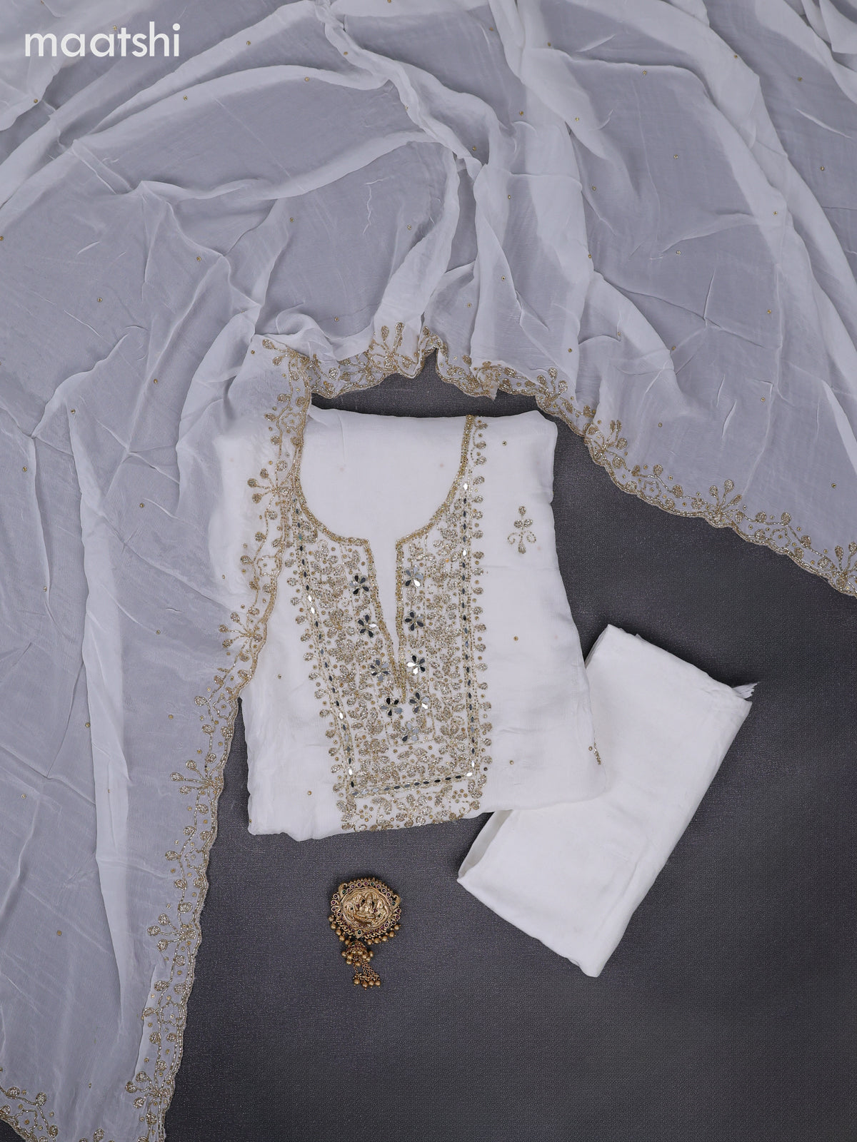 Festive wear dress material off white with beaded & mirror work neck pattern and bottom & dupatta