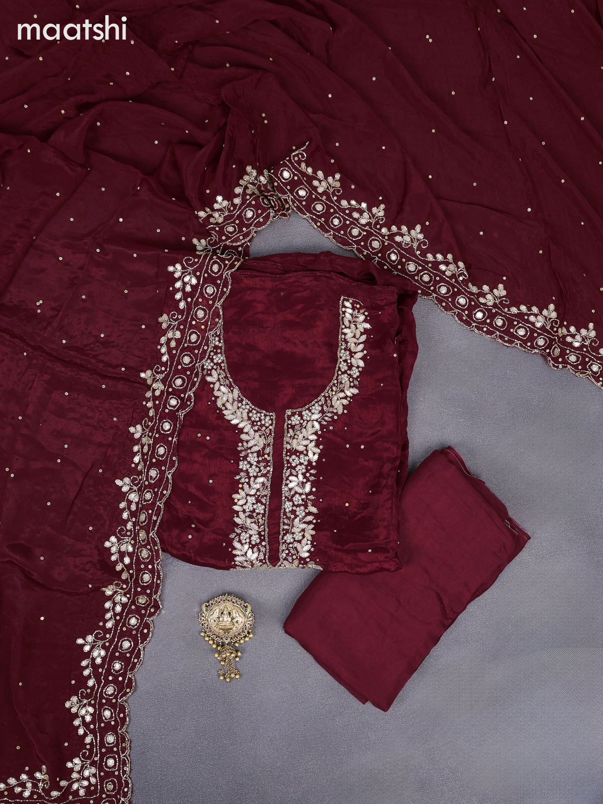Festive wear dress material maroon with beaded work neck pattern and bottom & dupatta