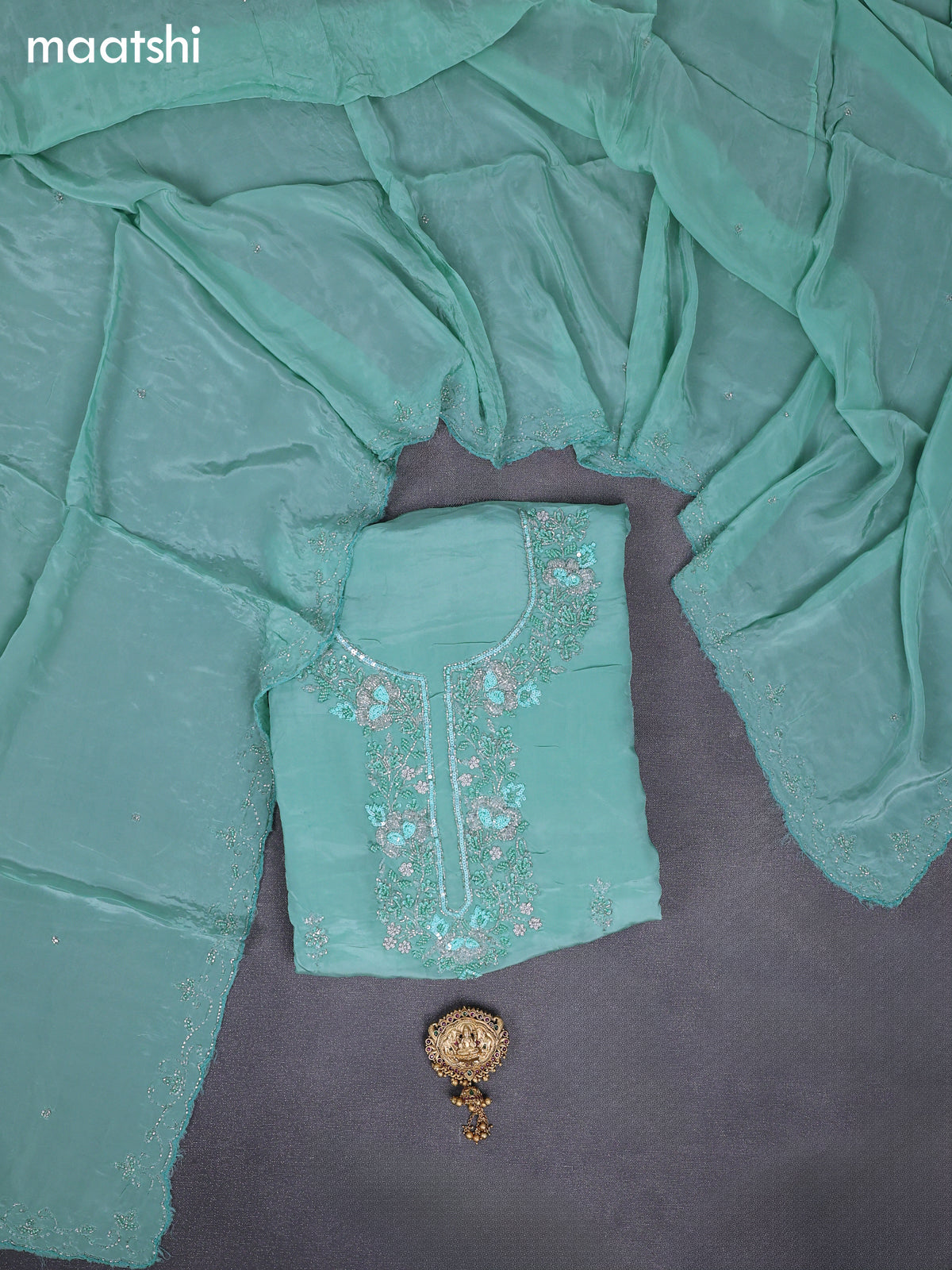 Festive wear dress material teal shade with sequin & beaded work neck pattern and bottom & dupatta