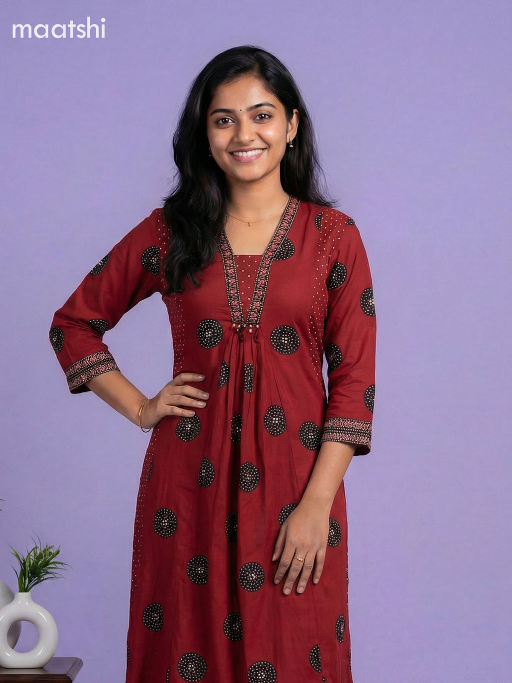 Maroon and Black Cotton Printed Anarkali Suit