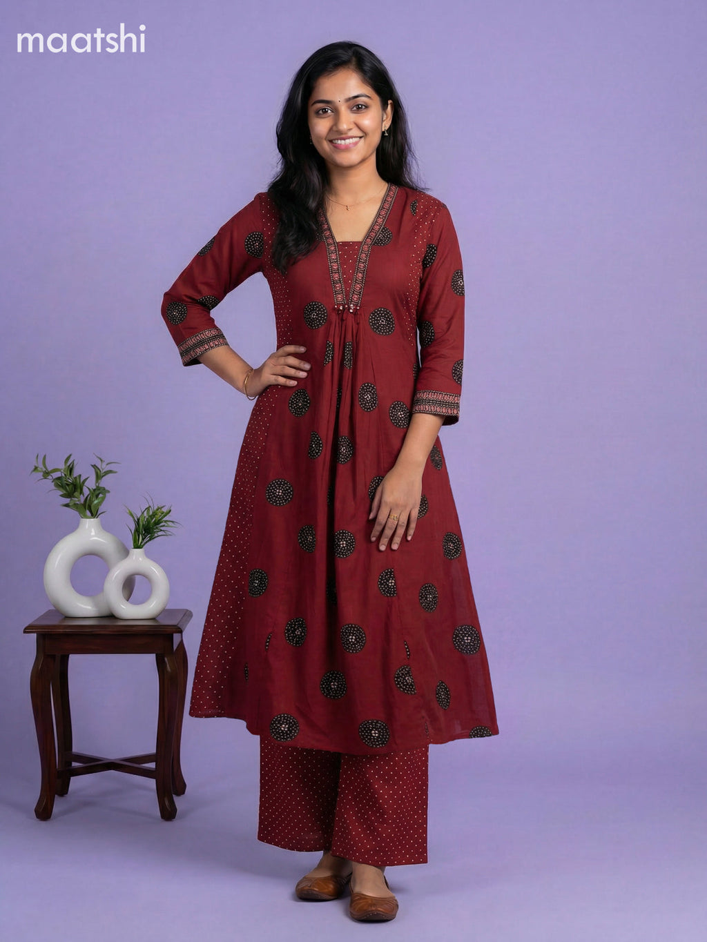 Maroon and Black Cotton Printed Anarkali Suit