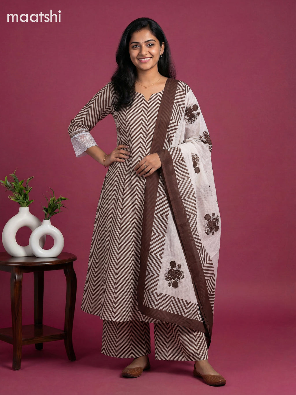 Mild Peach and Coffee Brown Cotton Zig Zag Printed Anarkali Suit