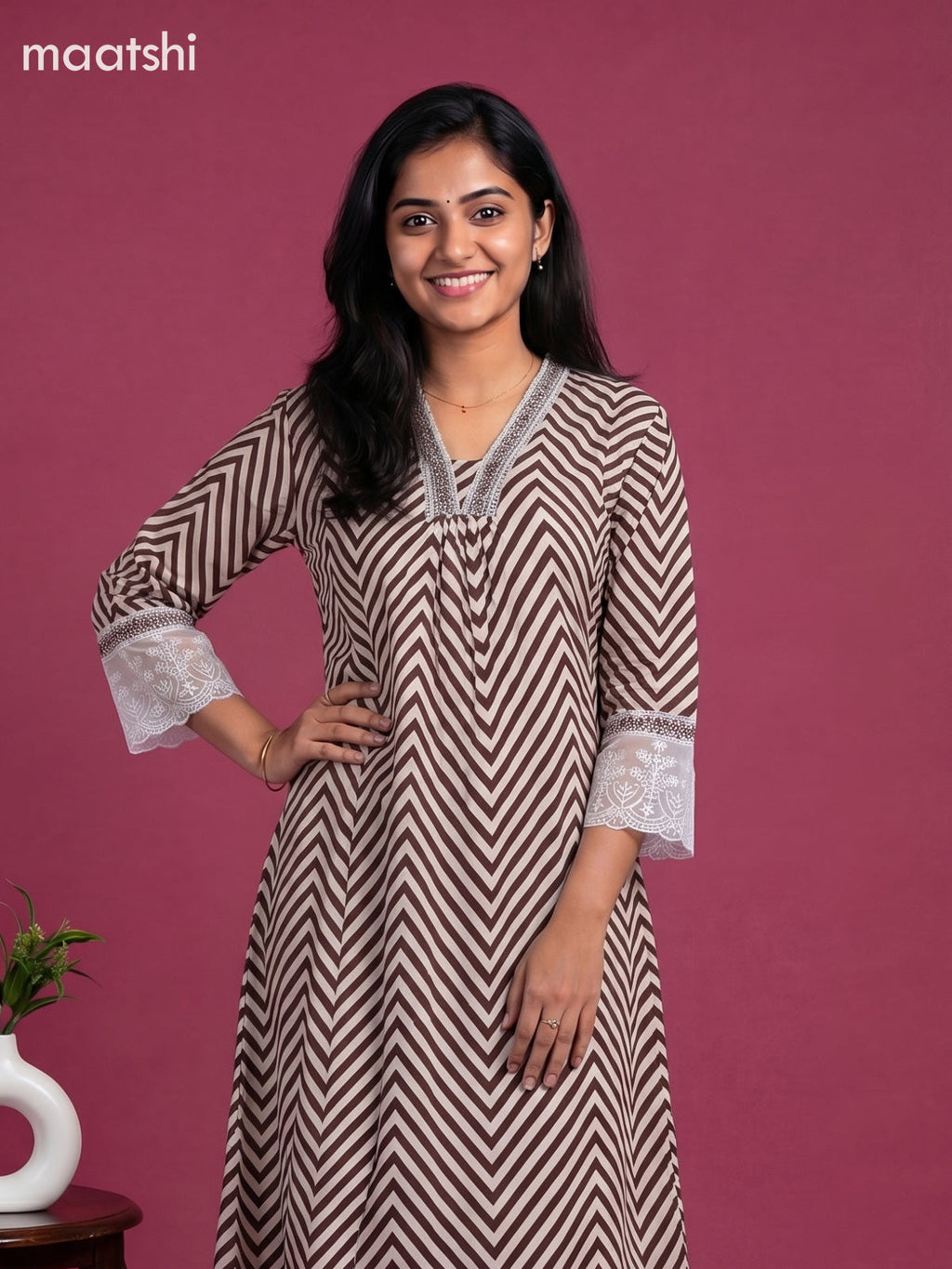 Mild Peach and Coffee Brown Cotton Zig Zag Printed Anarkali Suit