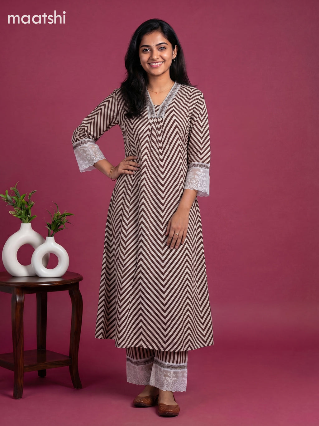Mild Peach and Coffee Brown Cotton Zig Zag Printed Anarkali Suit