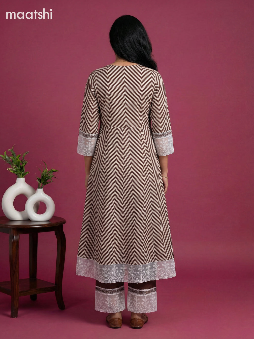 Mild Peach and Coffee Brown Cotton Zig Zag Printed Anarkali Suit