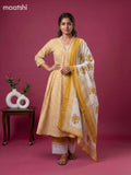 Off White and Mustard Yellow Cotton Zig Zag Printed Anarkali Suit