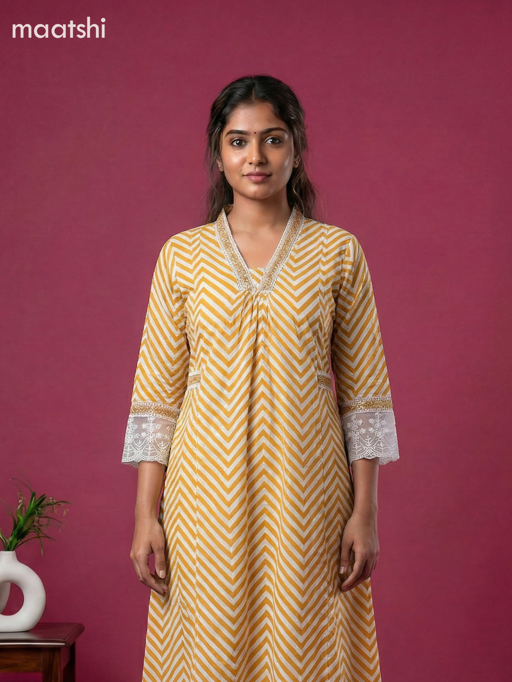 Off White and Mustard Yellow Cotton Zig Zag Printed Anarkali Suit