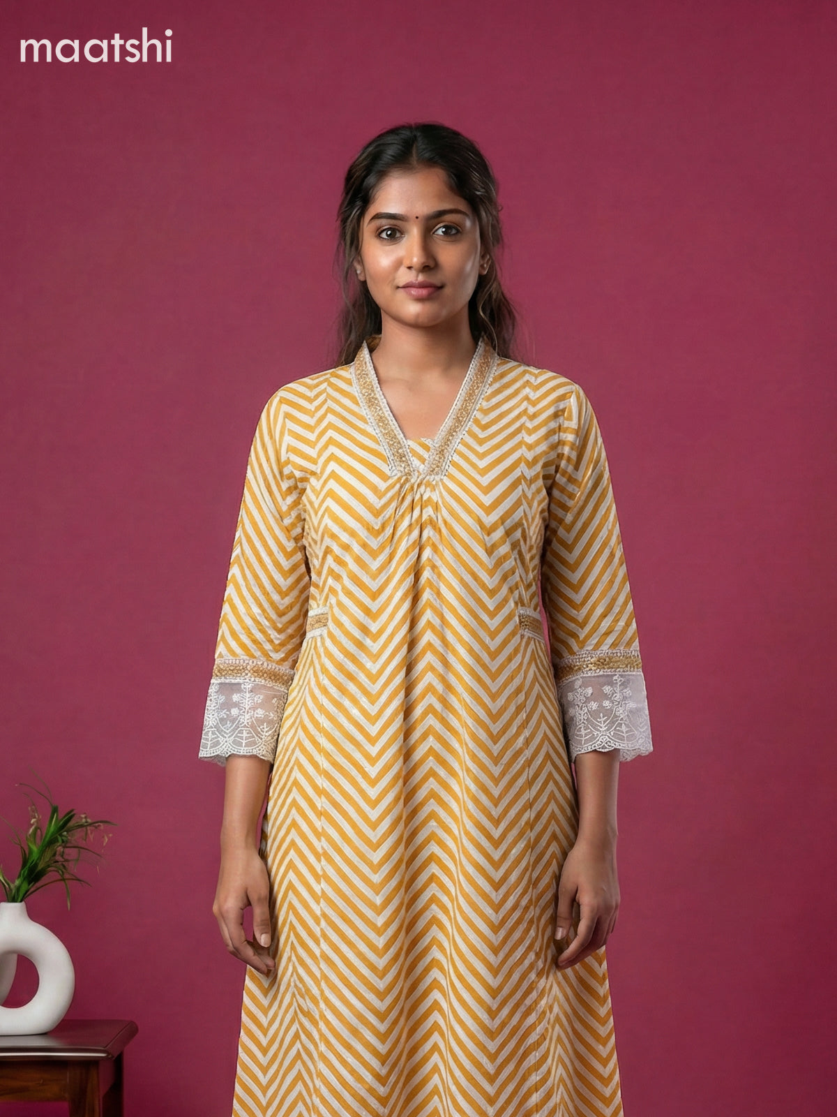 Off White and Mustard Yellow Cotton Zig Zag Printed Anarkali Suit