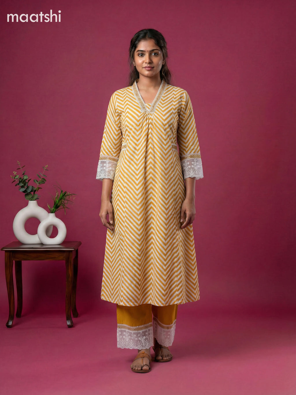 Off White and Mustard Yellow Cotton Zig Zag Printed Anarkali Suit