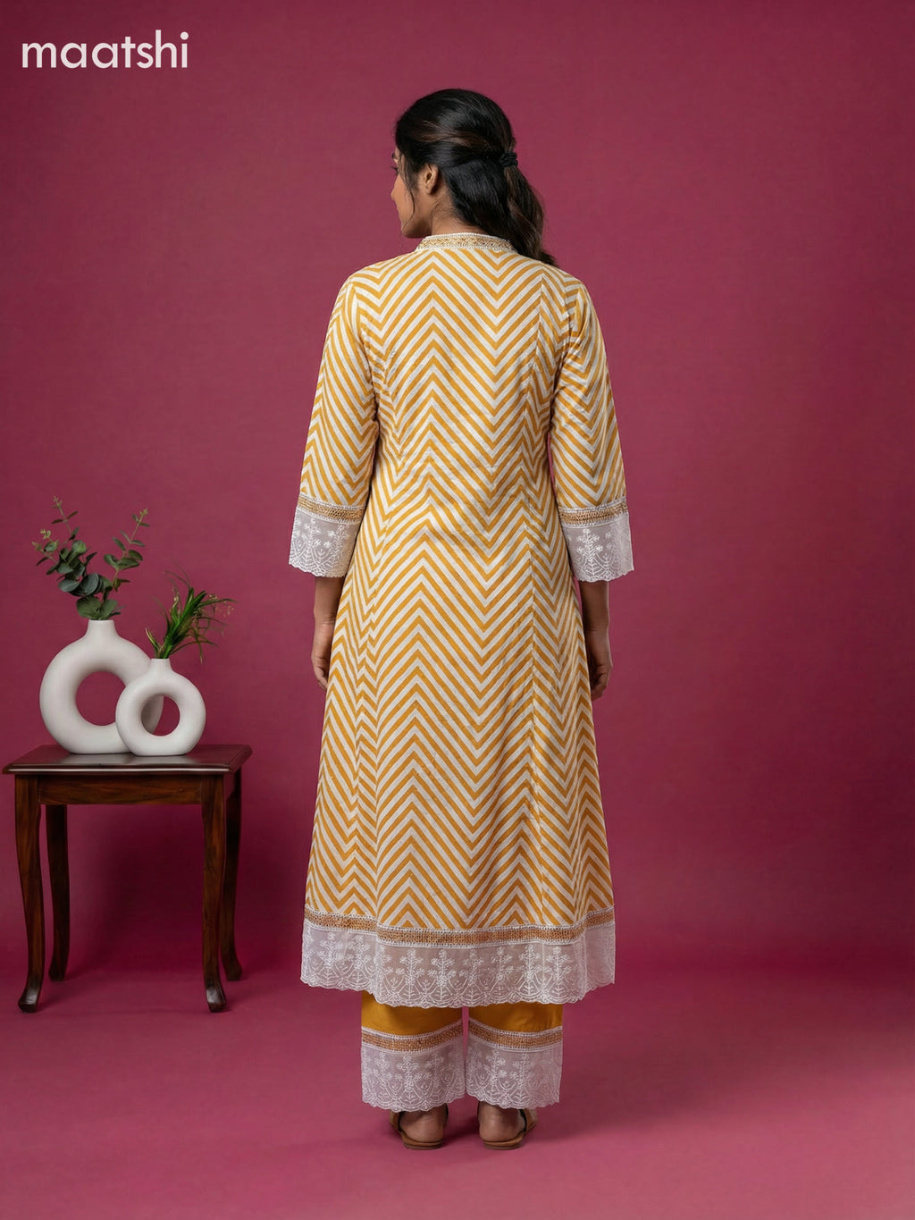 Off White and Mustard Yellow Cotton Zig Zag Printed Anarkali Suit