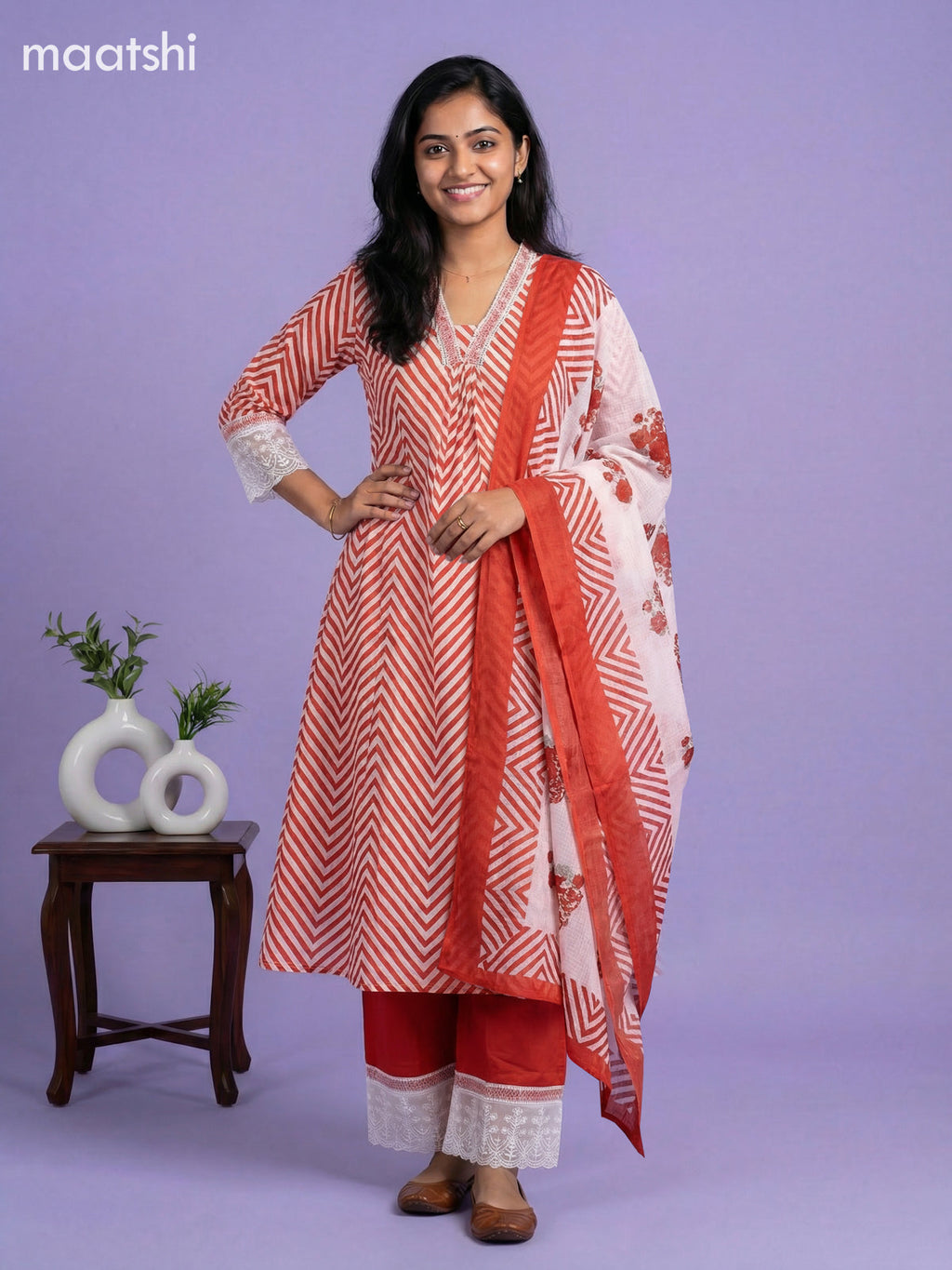 Mild Peach and Rust Shade Cotton Zig Zag Printed Anarkali Suit