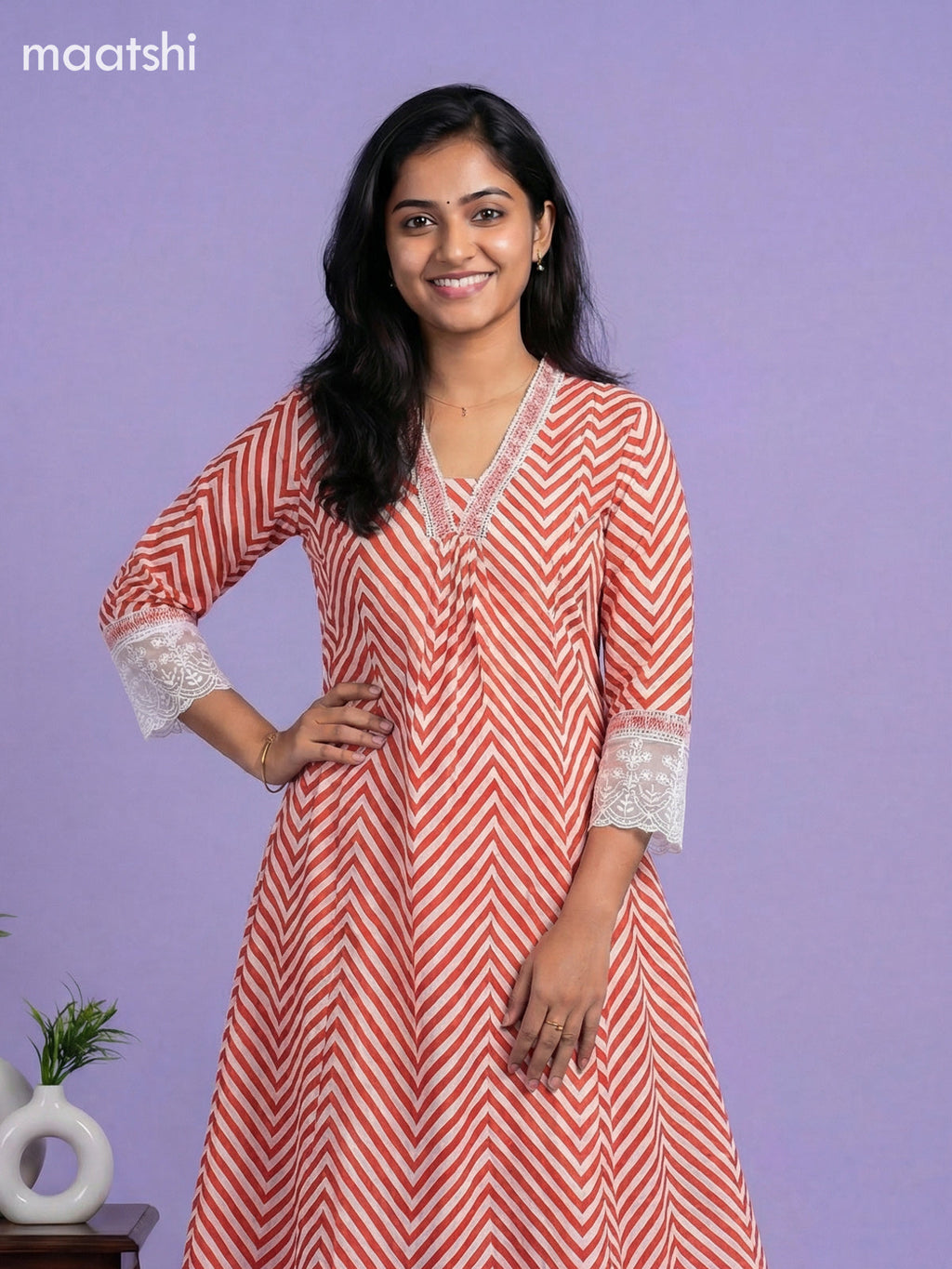Mild Peach and Rust Shade Cotton Zig Zag Printed Anarkali Suit