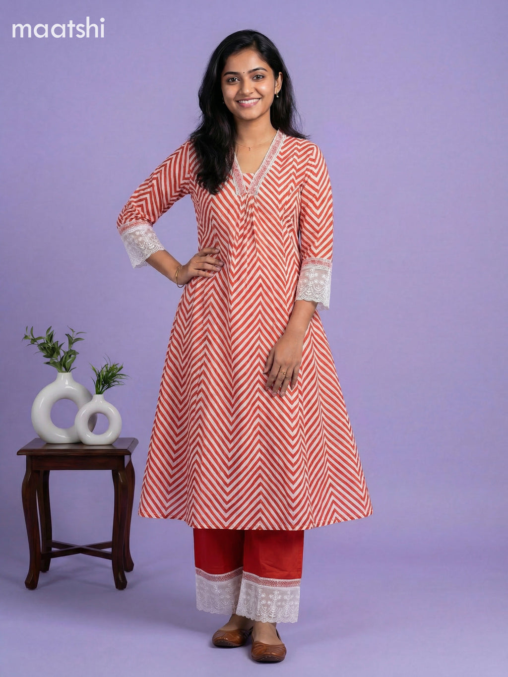Mild Peach and Rust Shade Cotton Zig Zag Printed Anarkali Suit