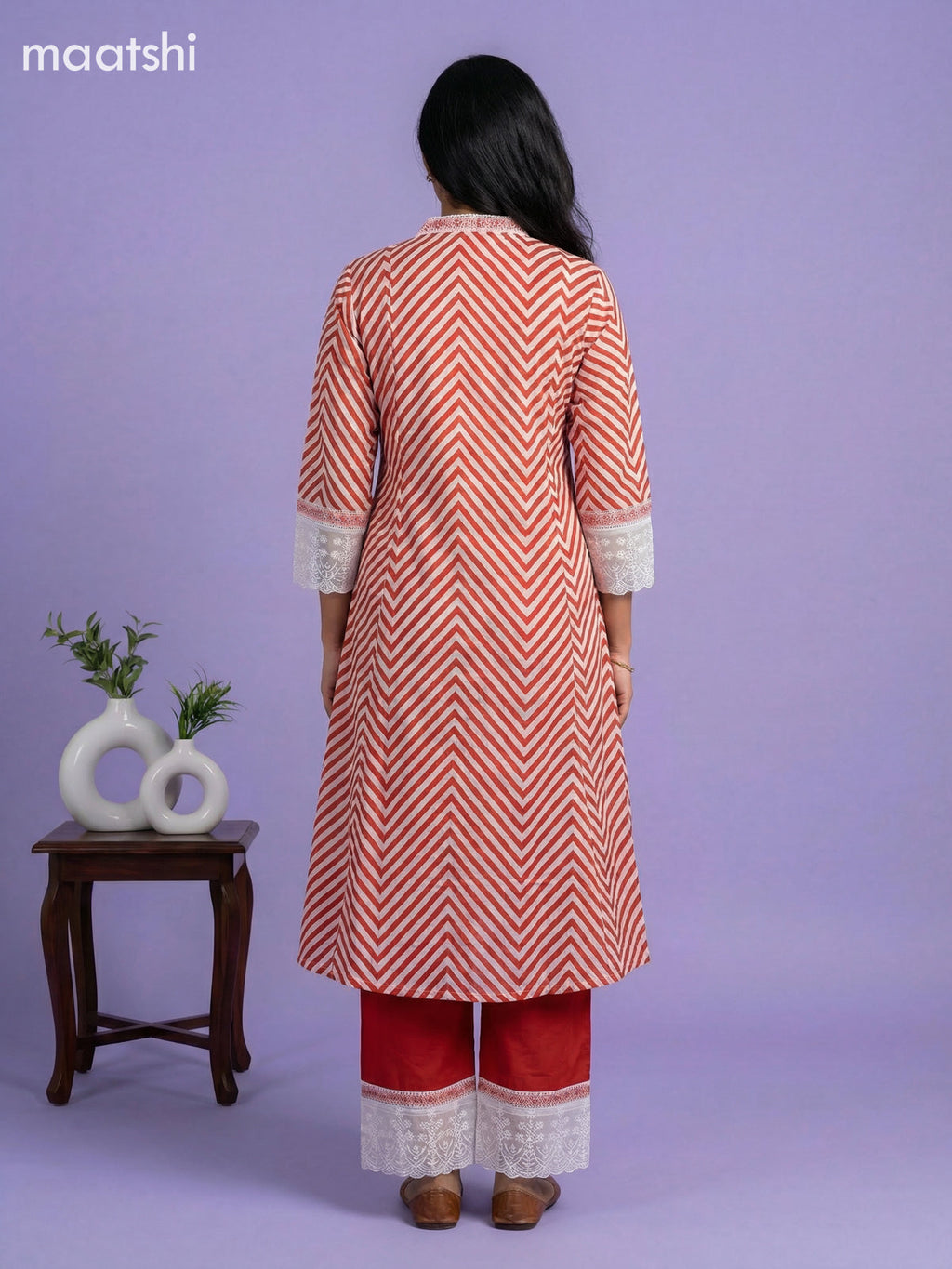 Mild Peach and Rust Shade Cotton Zig Zag Printed Anarkali Suit