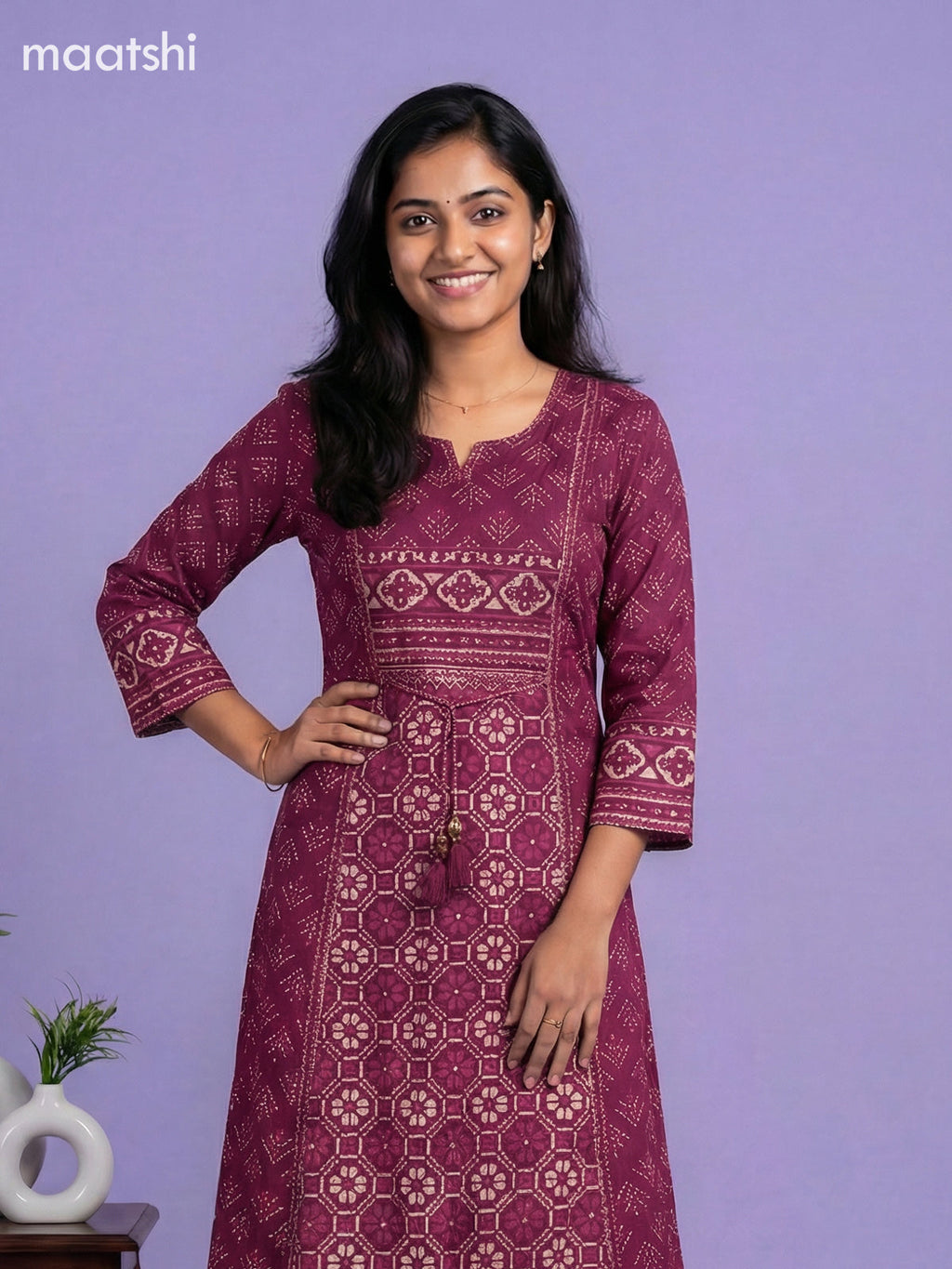 Wine Shade and Beige Cotton Printed Anarkali Suit