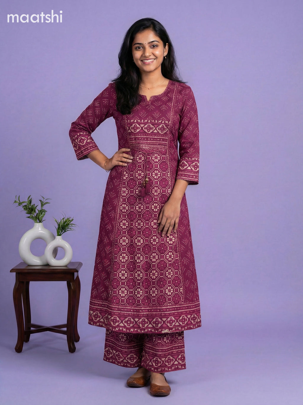 Wine Shade and Beige Cotton Printed Anarkali Suit