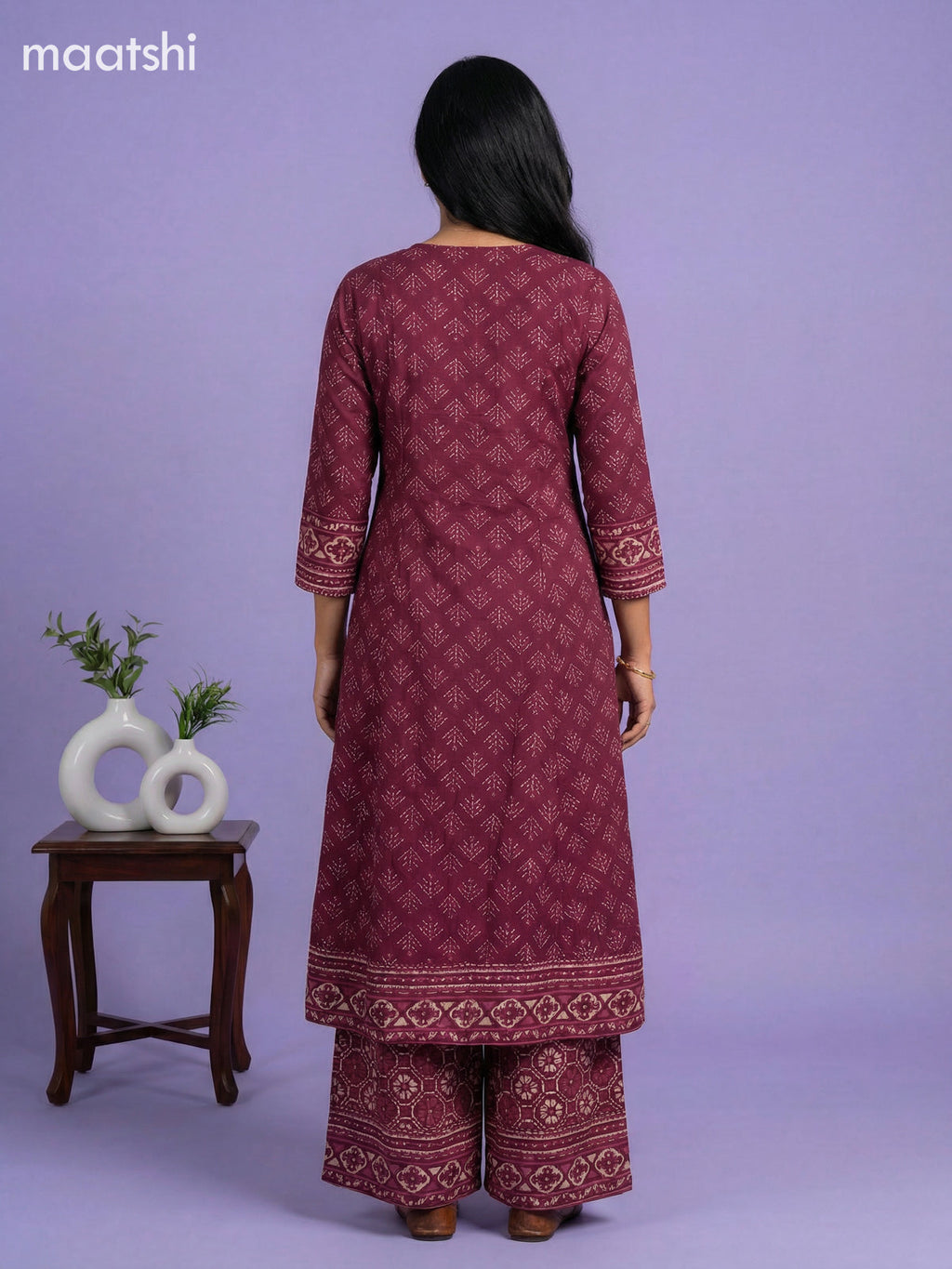 Wine Shade and Beige Cotton Printed Anarkali Suit