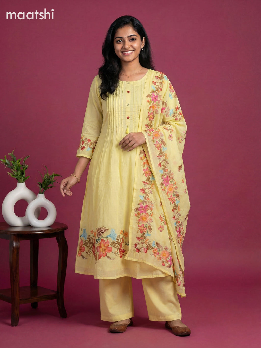 Yellow Cotton Floral Printed Anarkali Suits