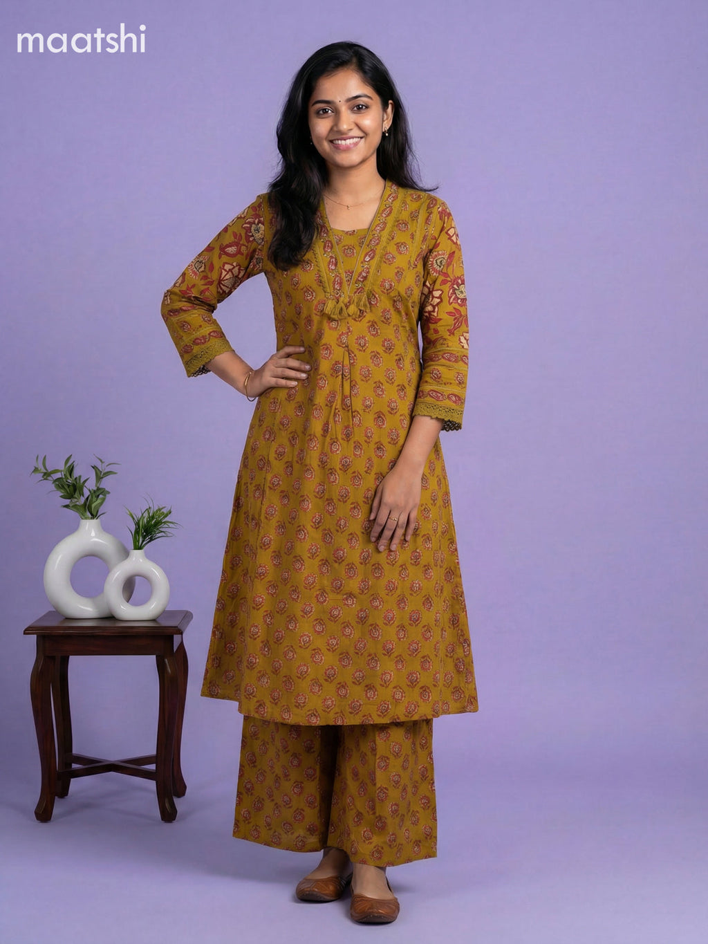 Dark Mustard and Maroon Cotton Kalamkari Printed Anarkali Suits
