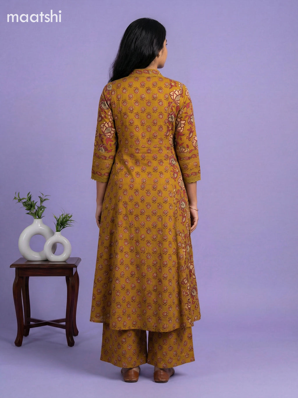 Dark Mustard and Maroon Cotton Kalamkari Printed Anarkali Suits