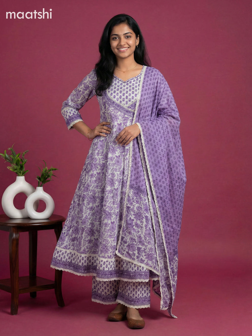 Off White and Lavendor Cotton Printed & Simple Embroidery Work Anarkali Suit