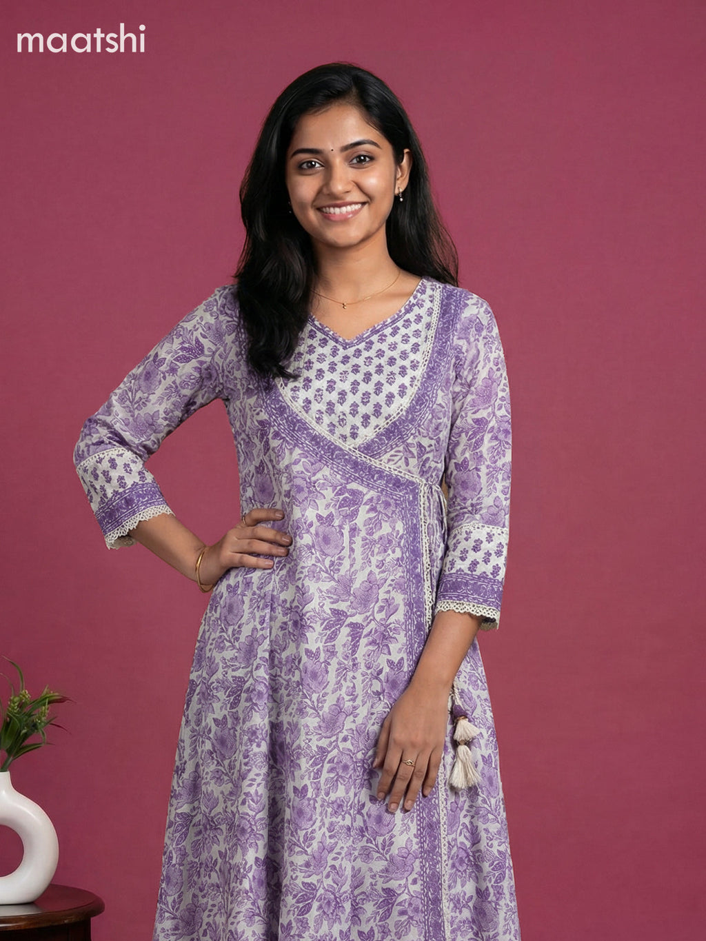 Off White and Lavendor Cotton Printed & Simple Embroidery Work Anarkali Suit