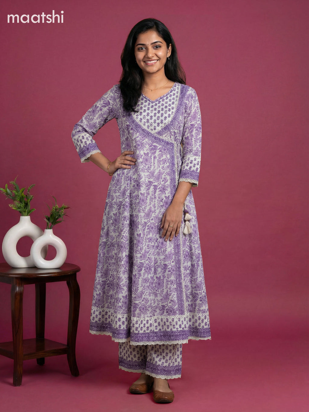 Off White and Lavendor Cotton Printed & Simple Embroidery Work Anarkali Suit