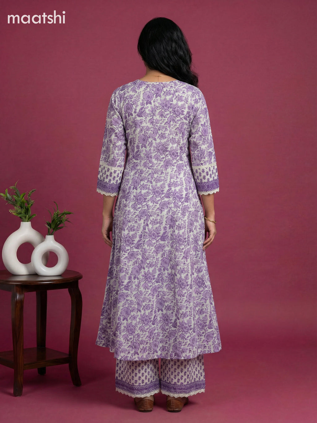 Off White and Lavendor Cotton Printed & Simple Embroidery Work Anarkali Suit
