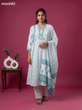 Off White and Teal Green Cotton Printed & Simple Embroidery Work A-Line Suit