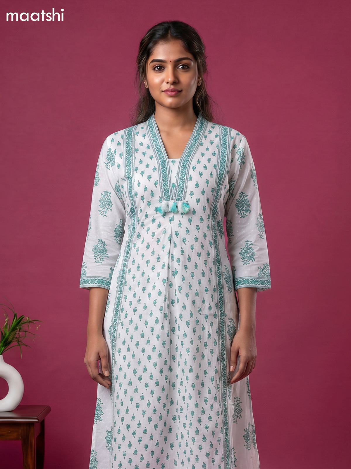 Off White and Teal Green Cotton Printed & Simple Embroidery Work A-Line Suit