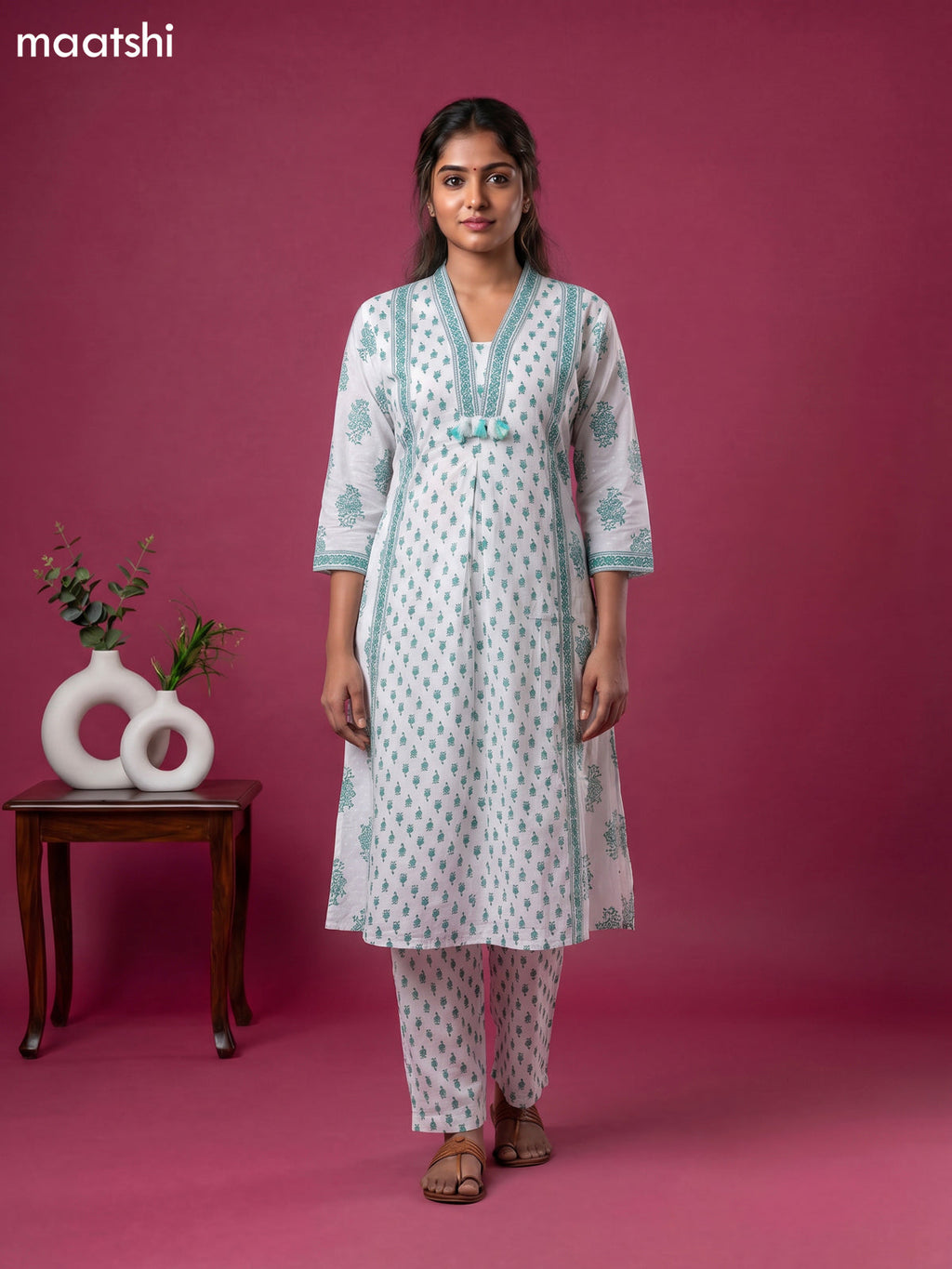 Off White and Teal Green Cotton Printed & Simple Embroidery Work A-Line Suit