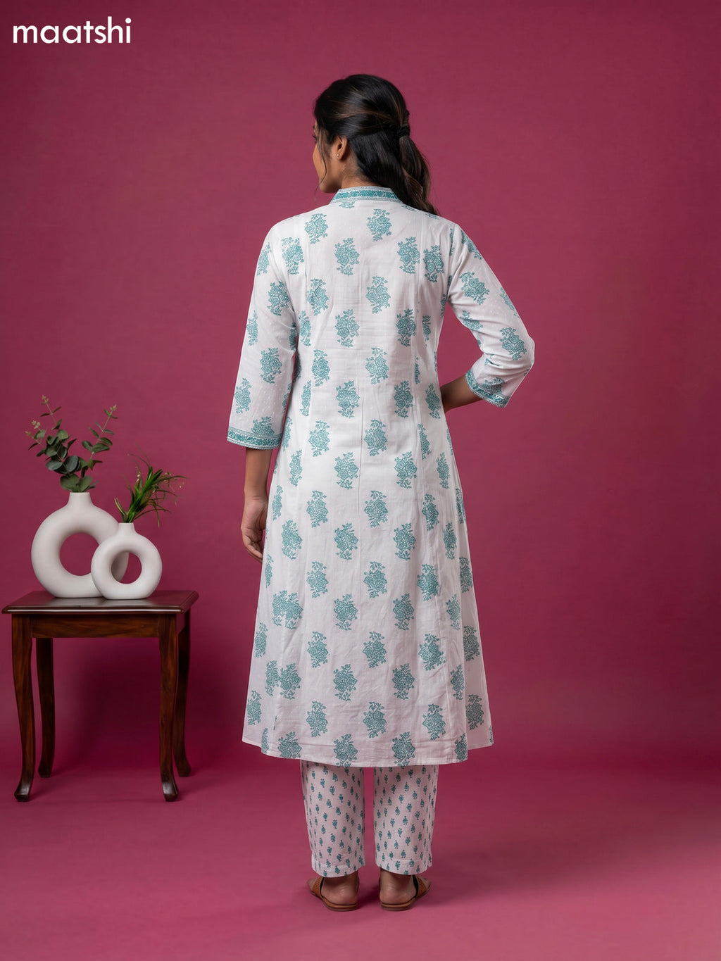 Off White and Teal Green Cotton Printed & Simple Embroidery Work A-Line Suit