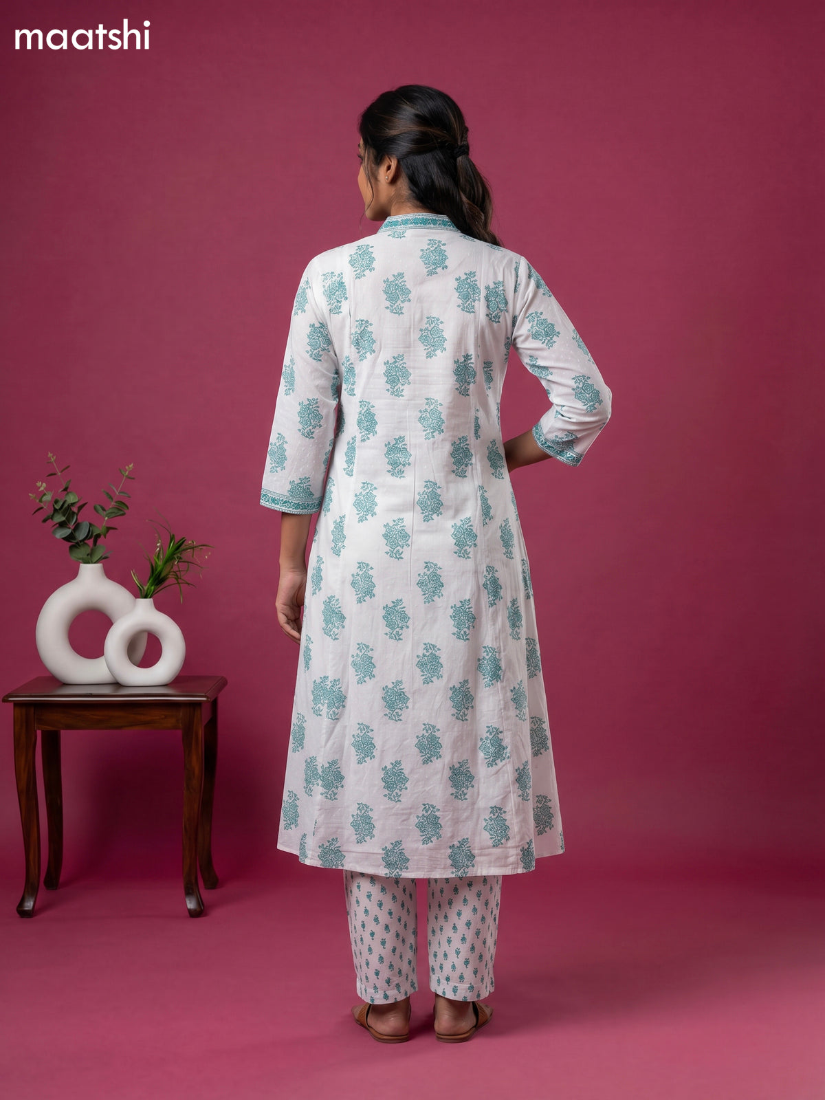 Off White and Teal Green Cotton Printed & Simple Embroidery Work A-Line Suit