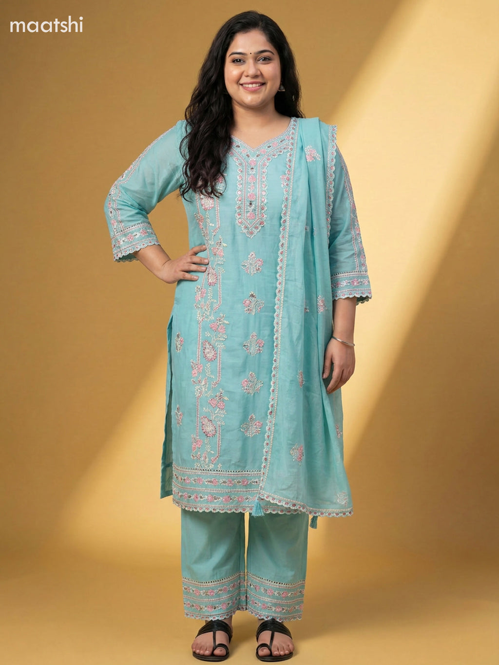 Teal Blue Chanderi Embroidery Work Salwar Suit