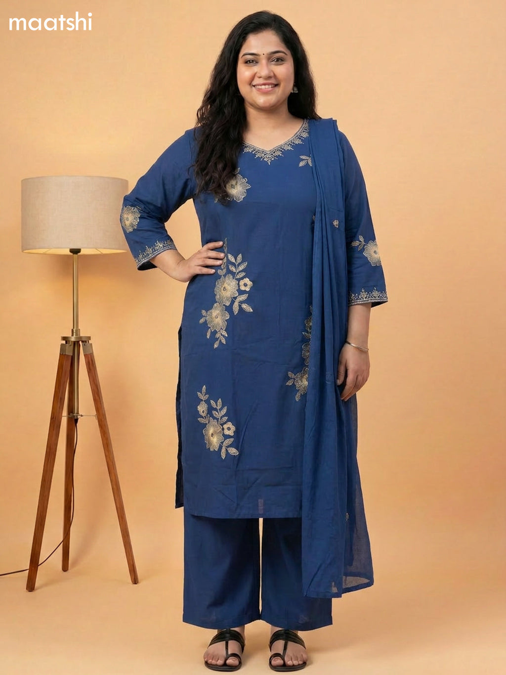 Dark Blue Cotton Embroidery Work Straight Suit