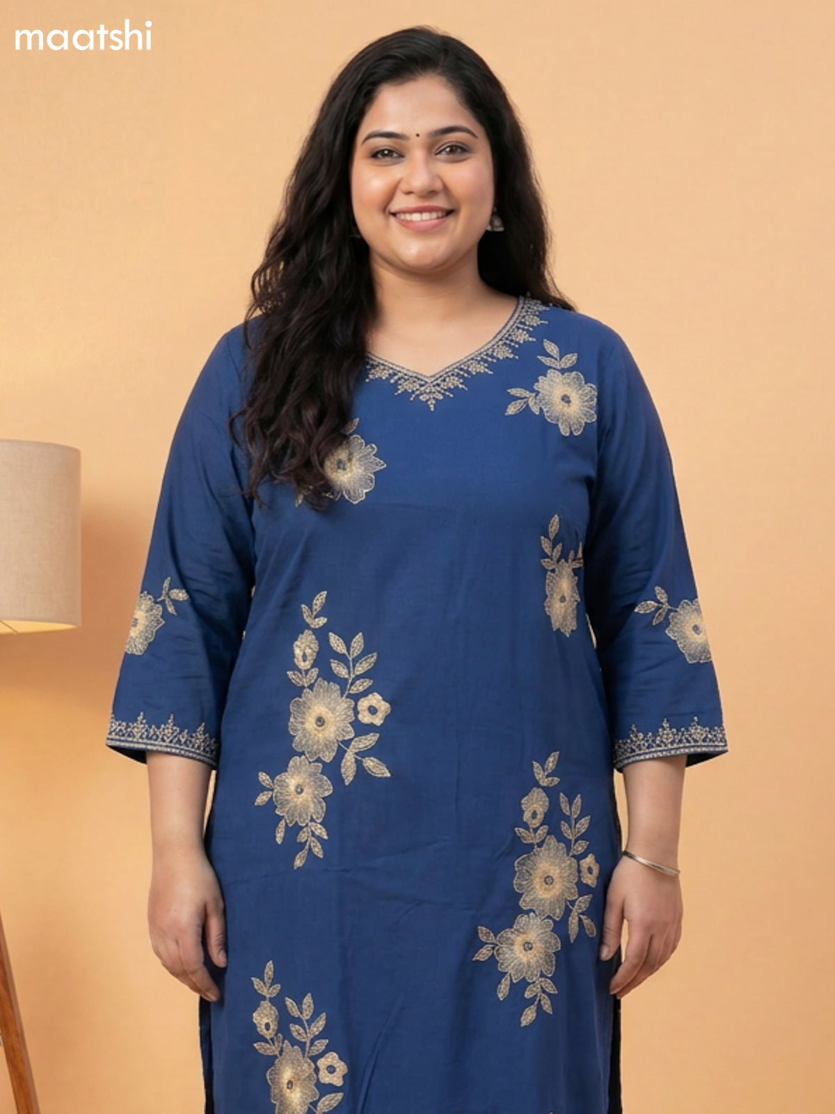 Dark Blue Cotton Embroidery Work Straight Suit