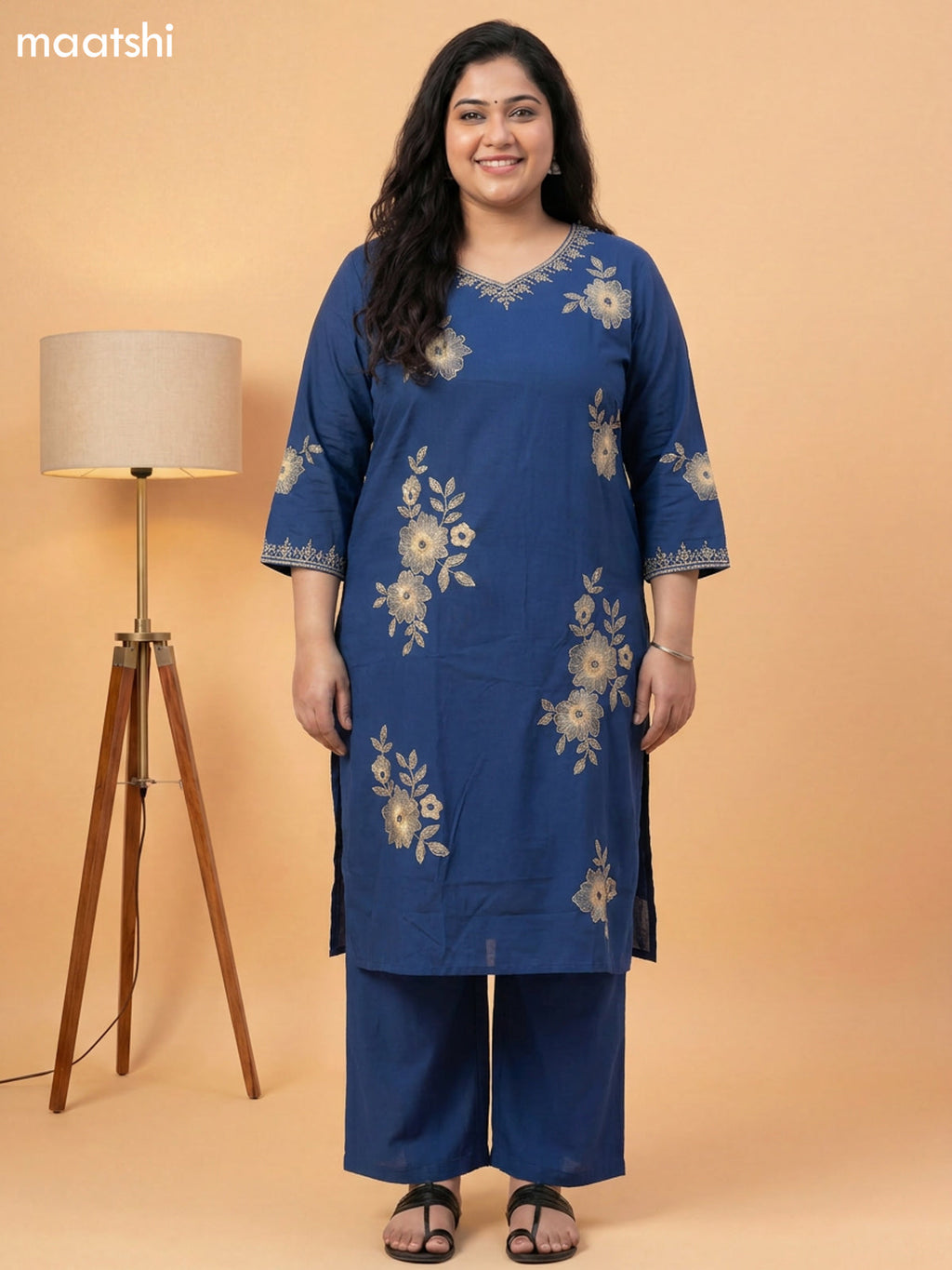 Dark Blue Cotton Embroidery Work Straight Suit