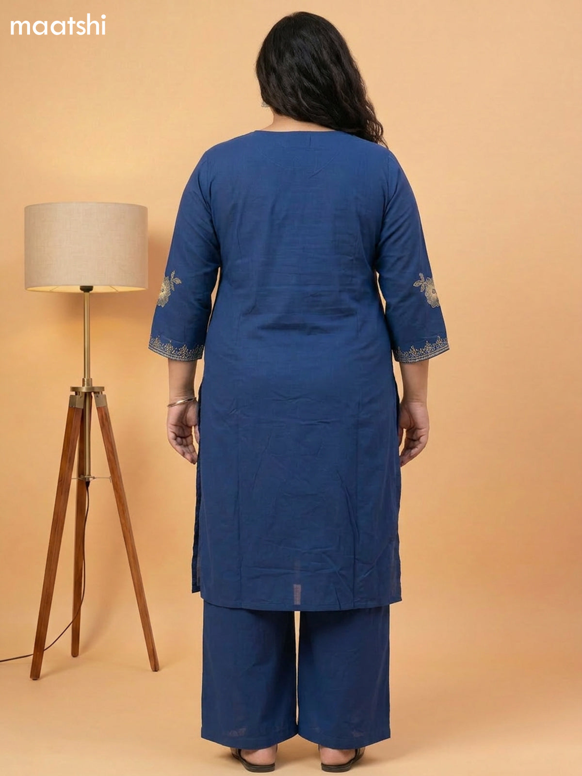 Dark Blue Cotton Embroidery Work Straight Suit
