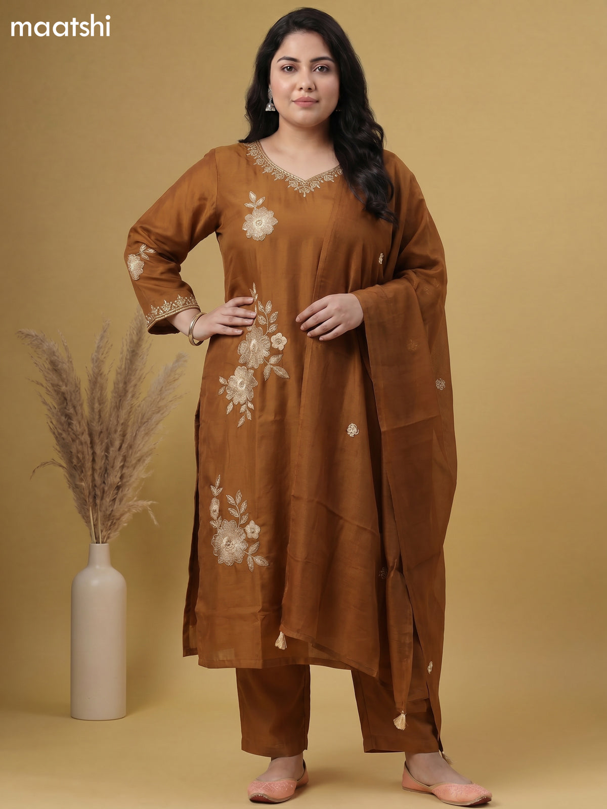 Dark Mustard Cotton Embroidery Work Straight Suit
