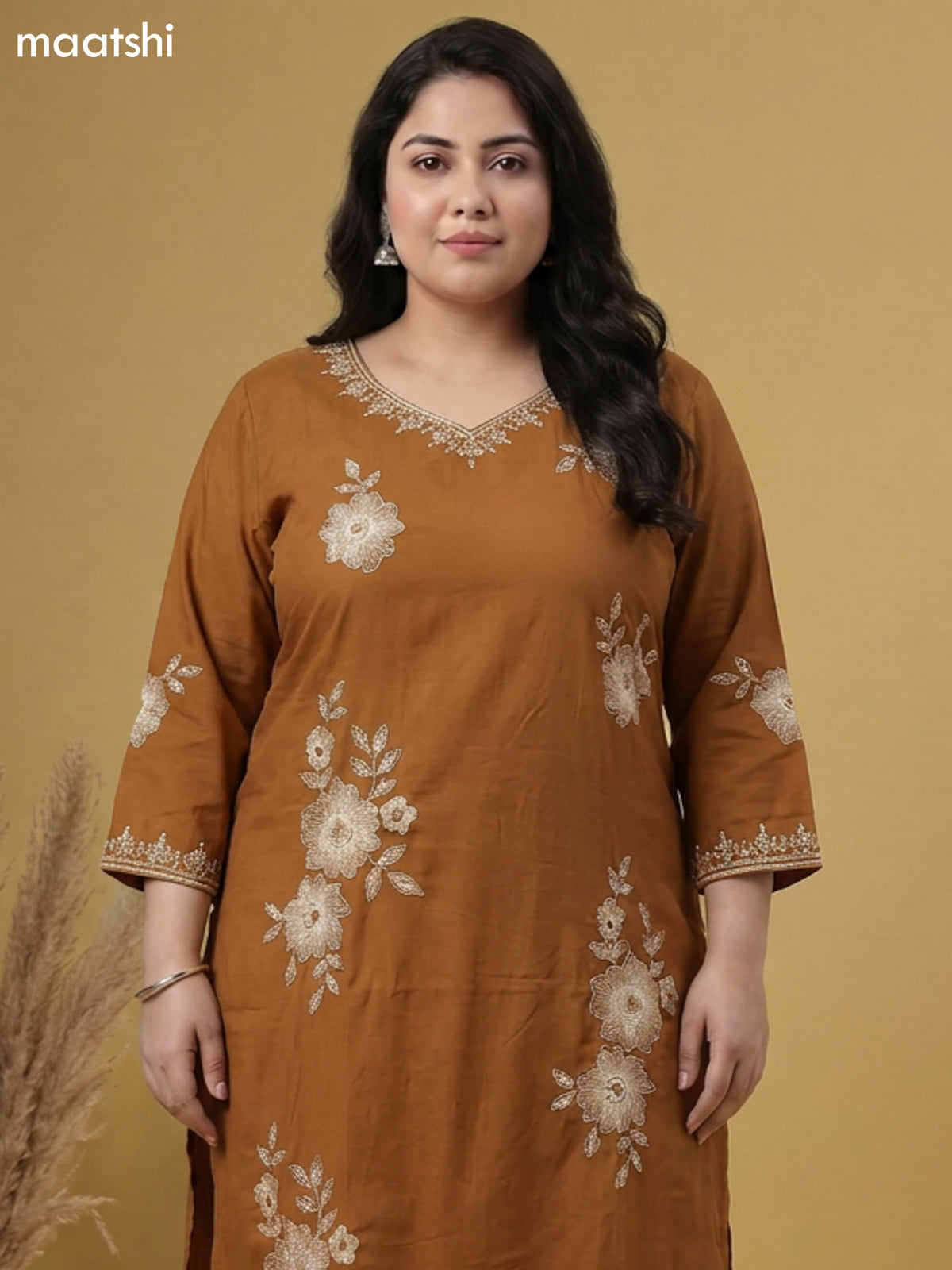 Dark Mustard Cotton Embroidery Work Straight Suit
