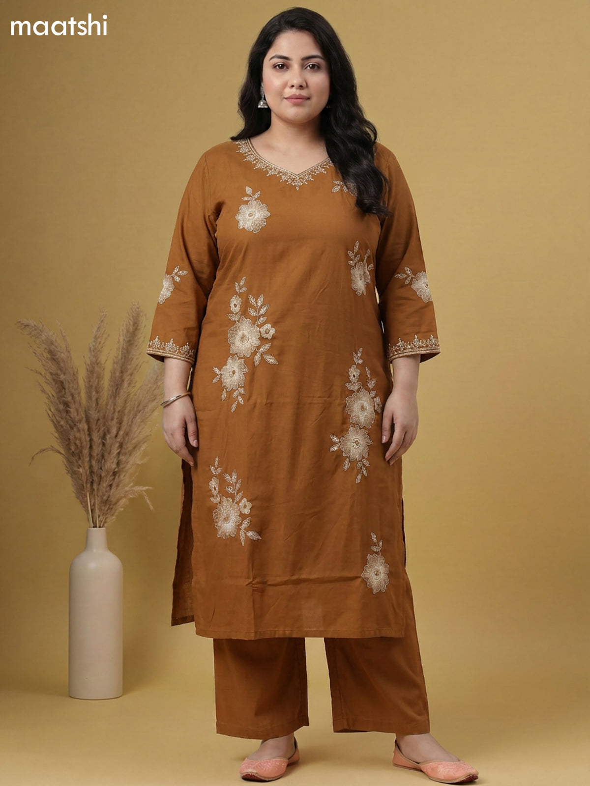 Dark Mustard Cotton Embroidery Work Straight Suit
