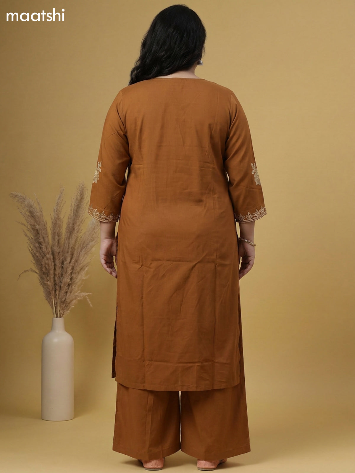 Dark Mustard Cotton Embroidery Work Straight Suit